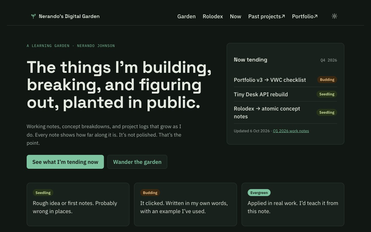 After: the new homepage in dark mode. Near-black green background with light text, a mint accent and the same layout.