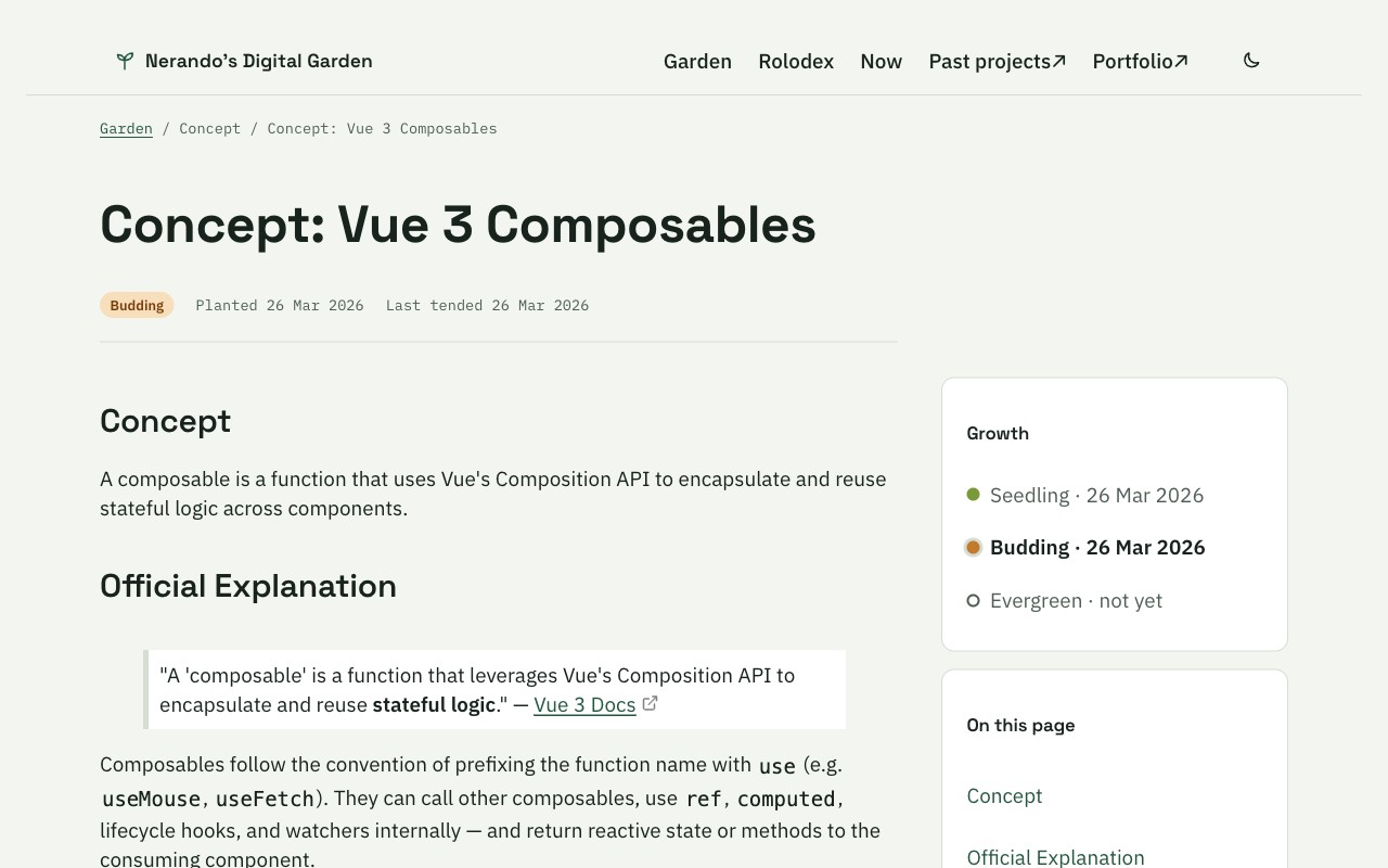 After: the new note page for Concept: Vue 3 Composables. Breadcrumb, title, a Budding chip with planted and tended dates, the article on the left and a sidebar with Growth, On this page and Linked from cards.