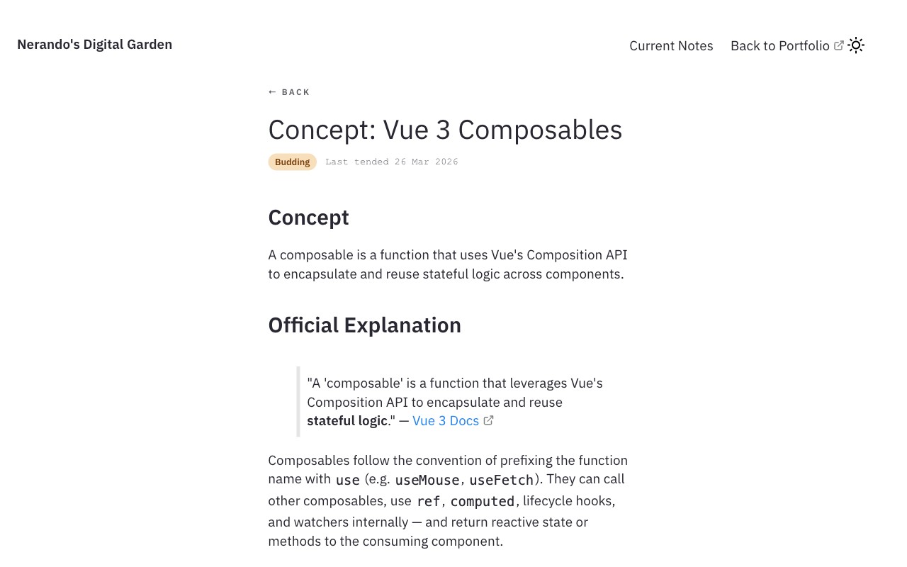 Before: the old note page for Concept: Vue 3 Composables. A narrow centred column on white with a Back link and blue links.